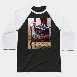 Button Accordion on Chair With Flowered Seat Baseball T-Shirt